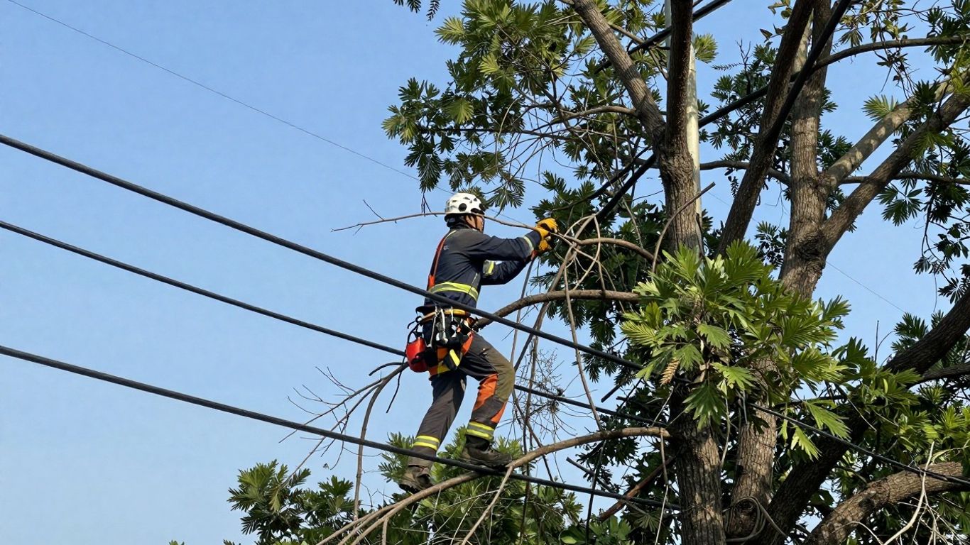 Arborist trimming tree near power lines in Ottawa