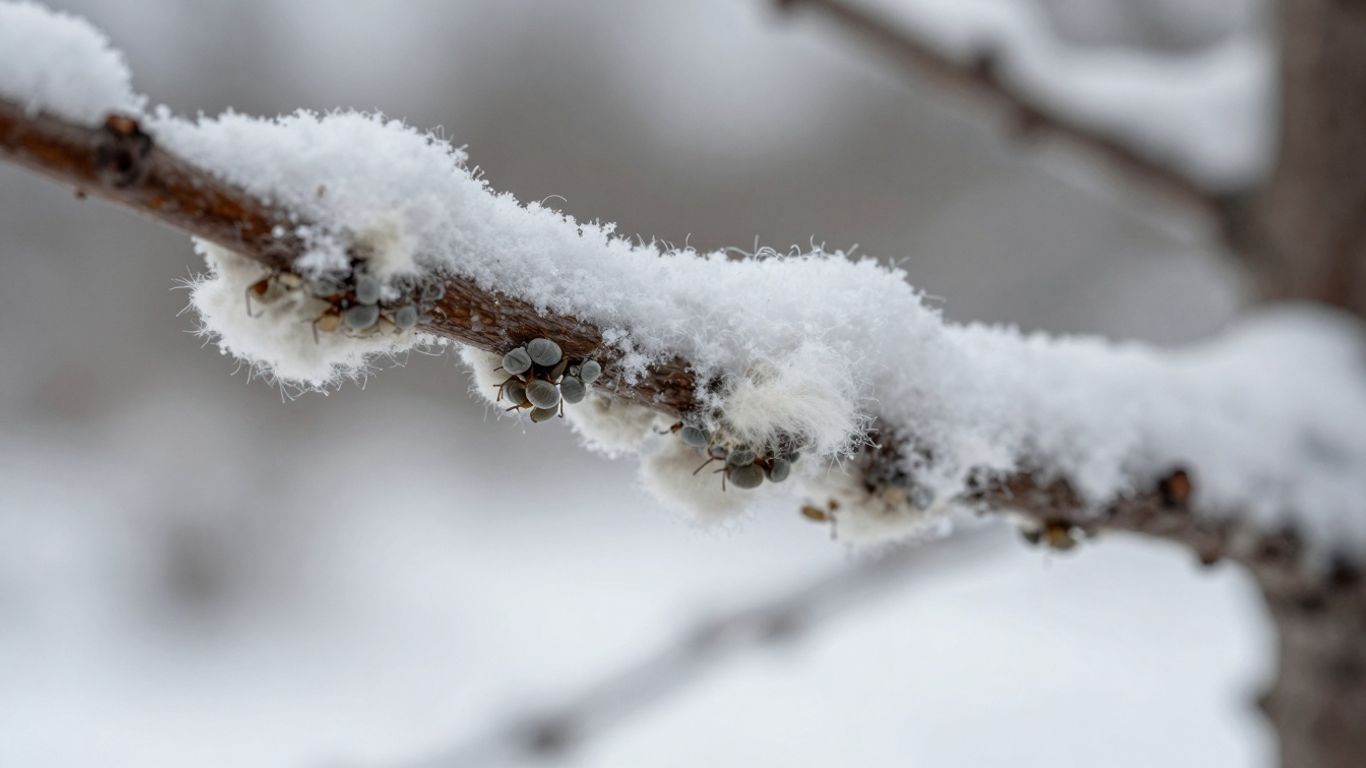 Tree branch with woolly aphid infestation in winter.