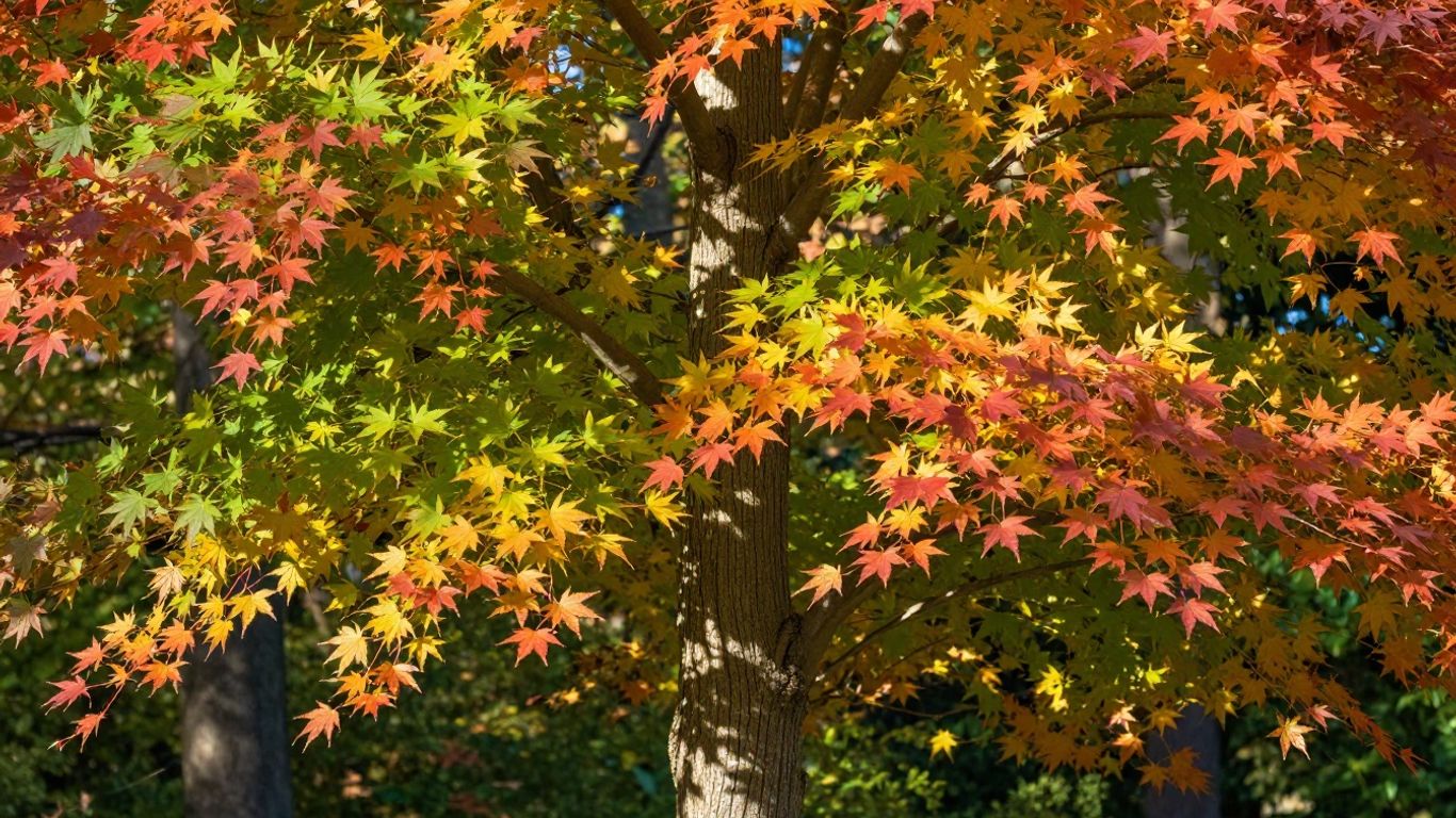 Vibrant sugar maple tree with colorful autumn leaves.