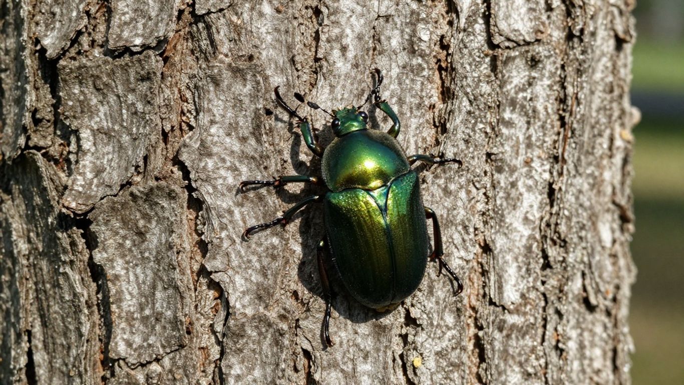 Emerald Ash Borer beetle on ash tree bark.