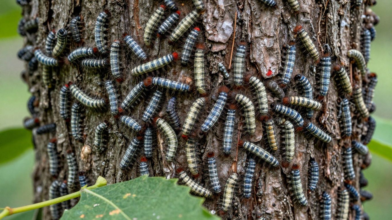 Gypsy moth caterpillars covering a tree trunk.