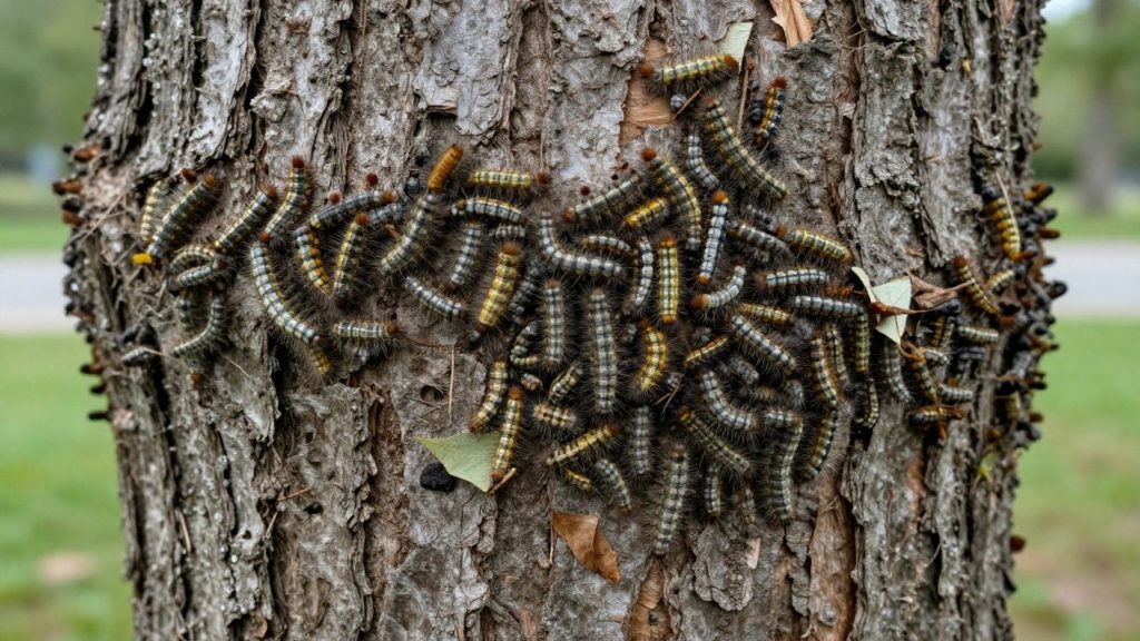 Gypsy moth caterpillars on damaged tree bark.