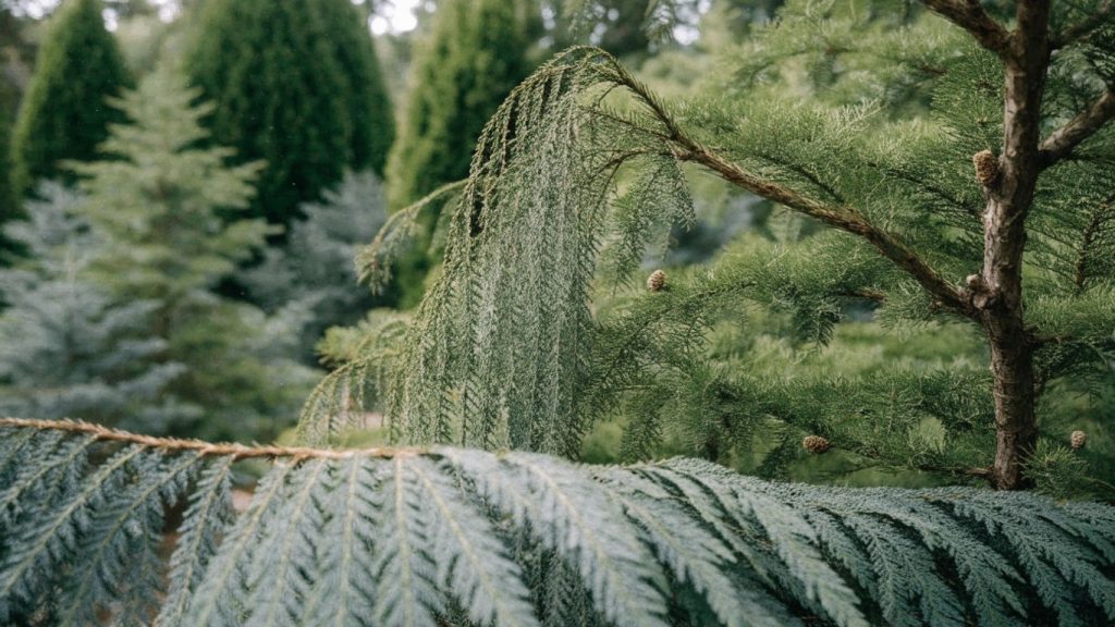Evergreen cedar branches with varied foliage and cones