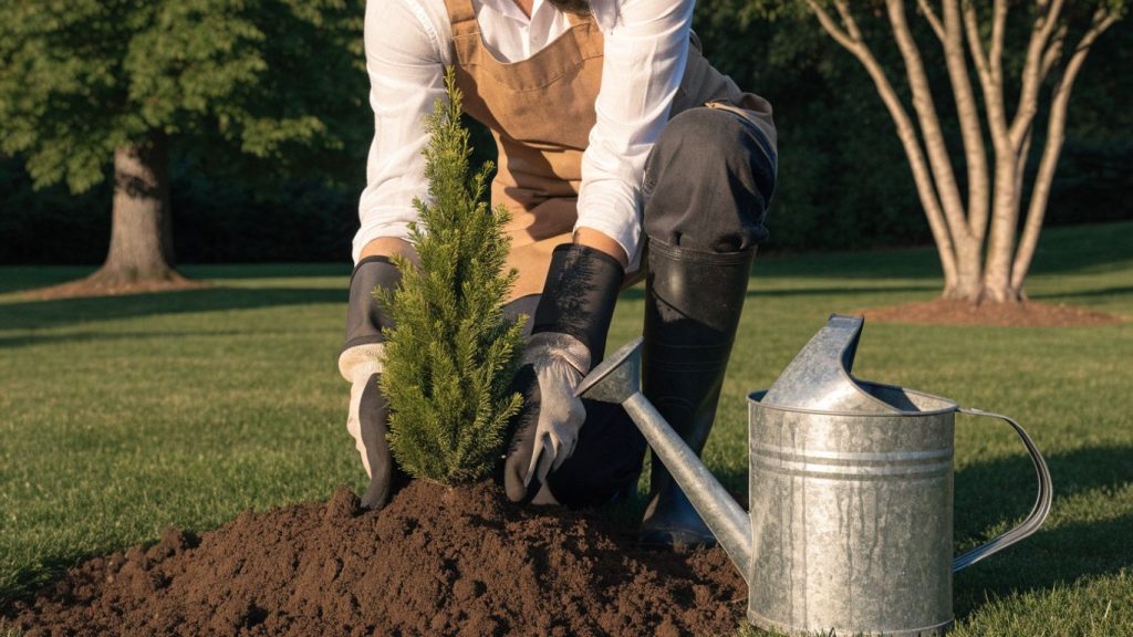 Newly planted cedar tree with root flare visible at ground level